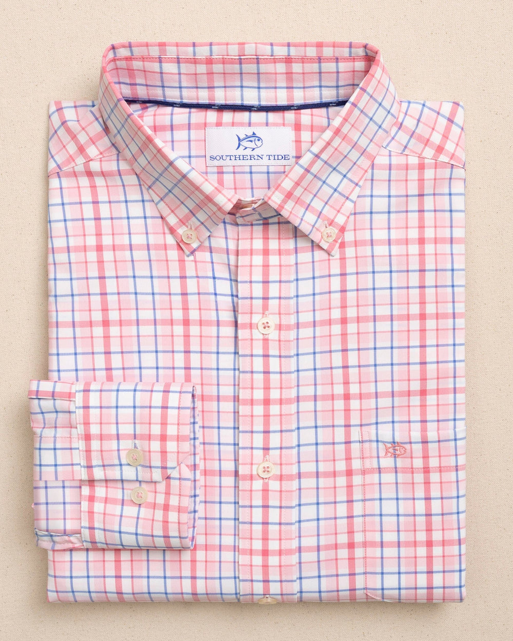 The front view of the Southern Tide Master Plaid Coastal Breeze® Sport Shirt by Southern Tide - Orchid Pink