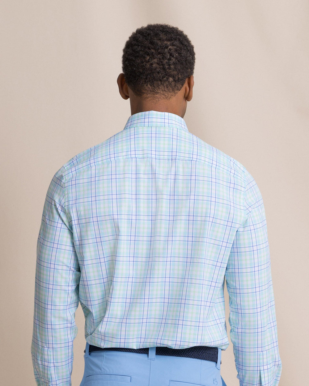 The back view of the Southern Tide Master Plaid Coastal Breeze® Sport Shirt by Southern Tide - Tropical Breeze Blue