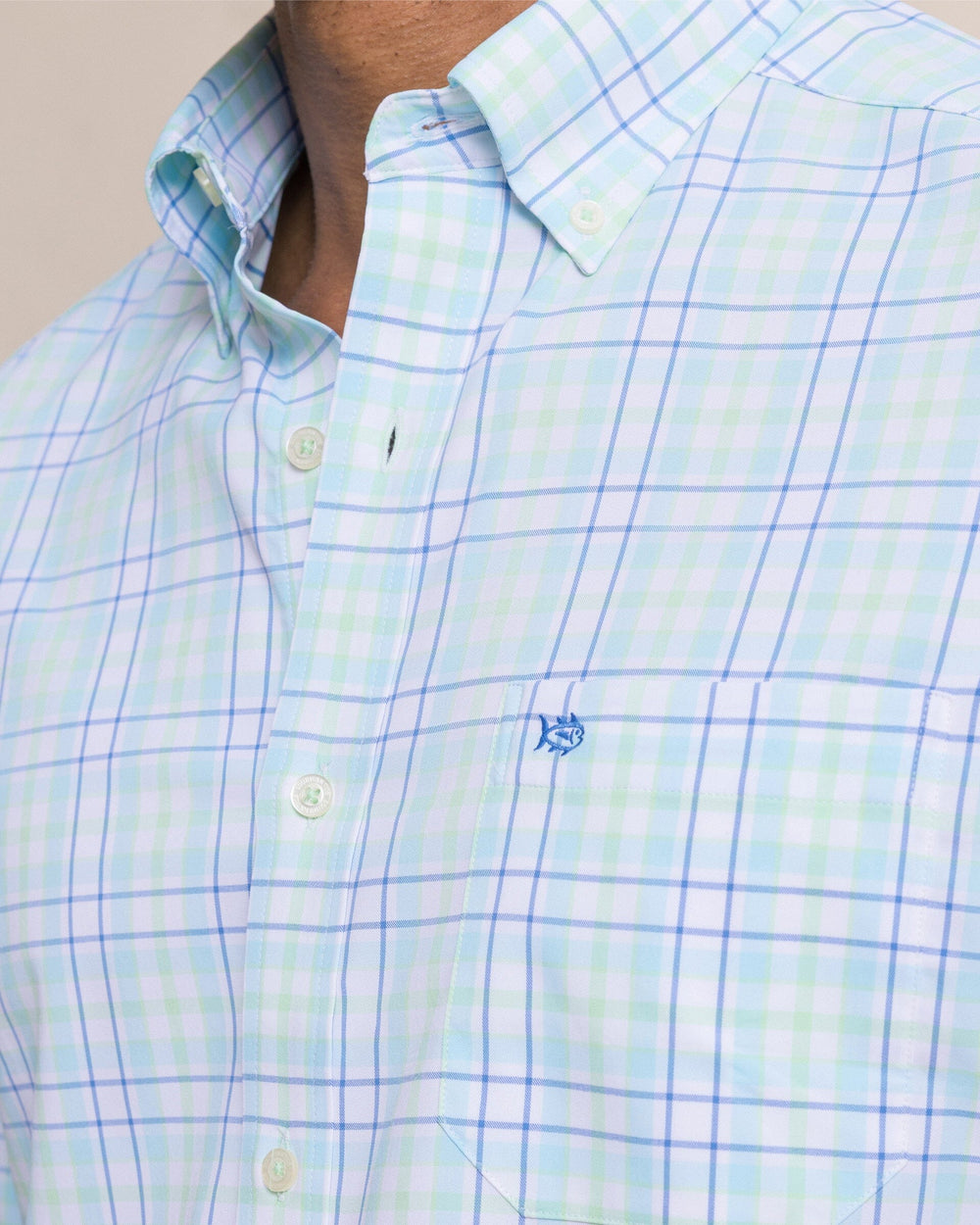 The detail view of the Southern Tide Master Plaid Coastal Breeze® Sport Shirt by Southern Tide - Tropical Breeze Blue