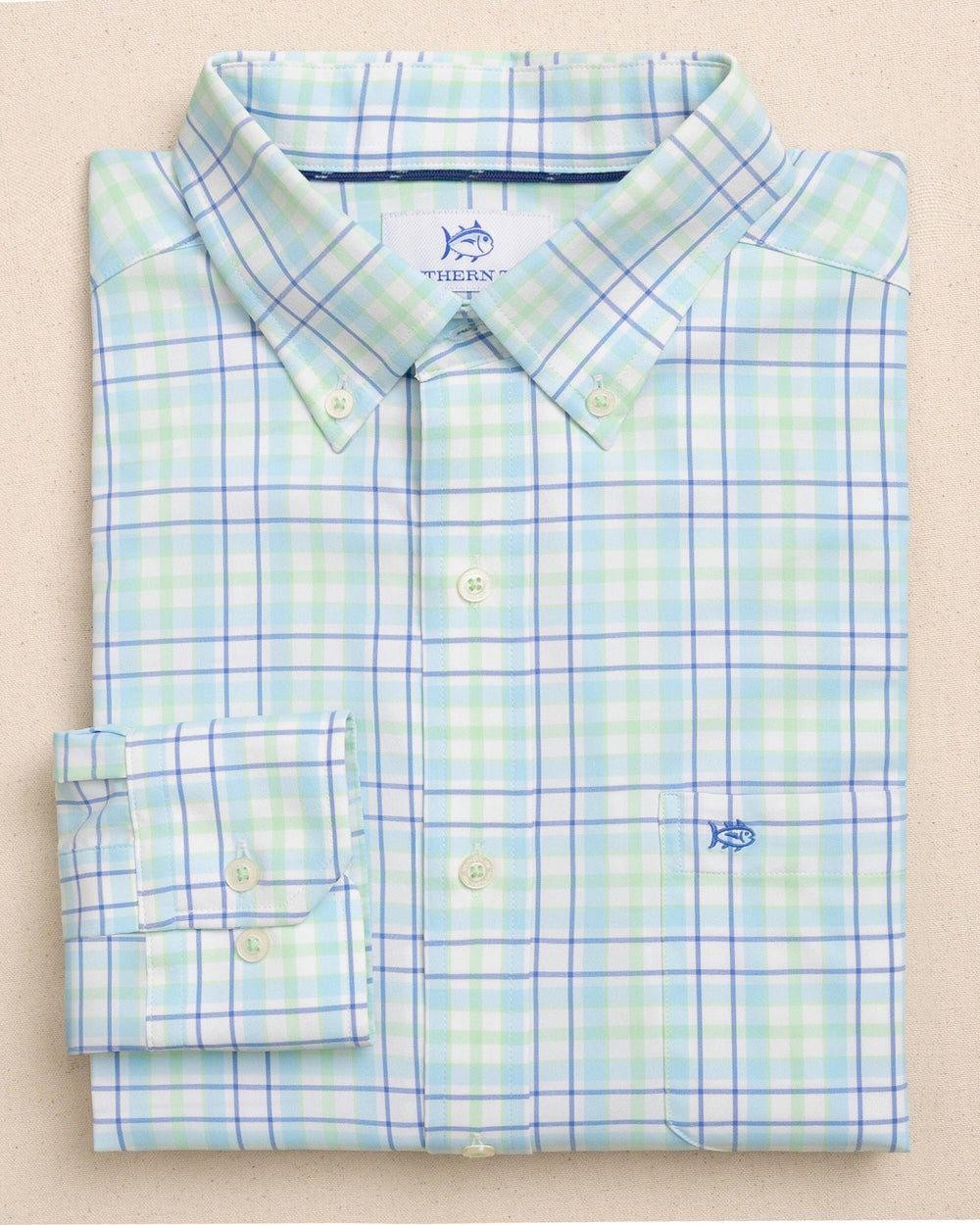 The front view of the Southern Tide Master Plaid Coastal Breeze® Sport Shirt by Southern Tide - Tropical Breeze Blue