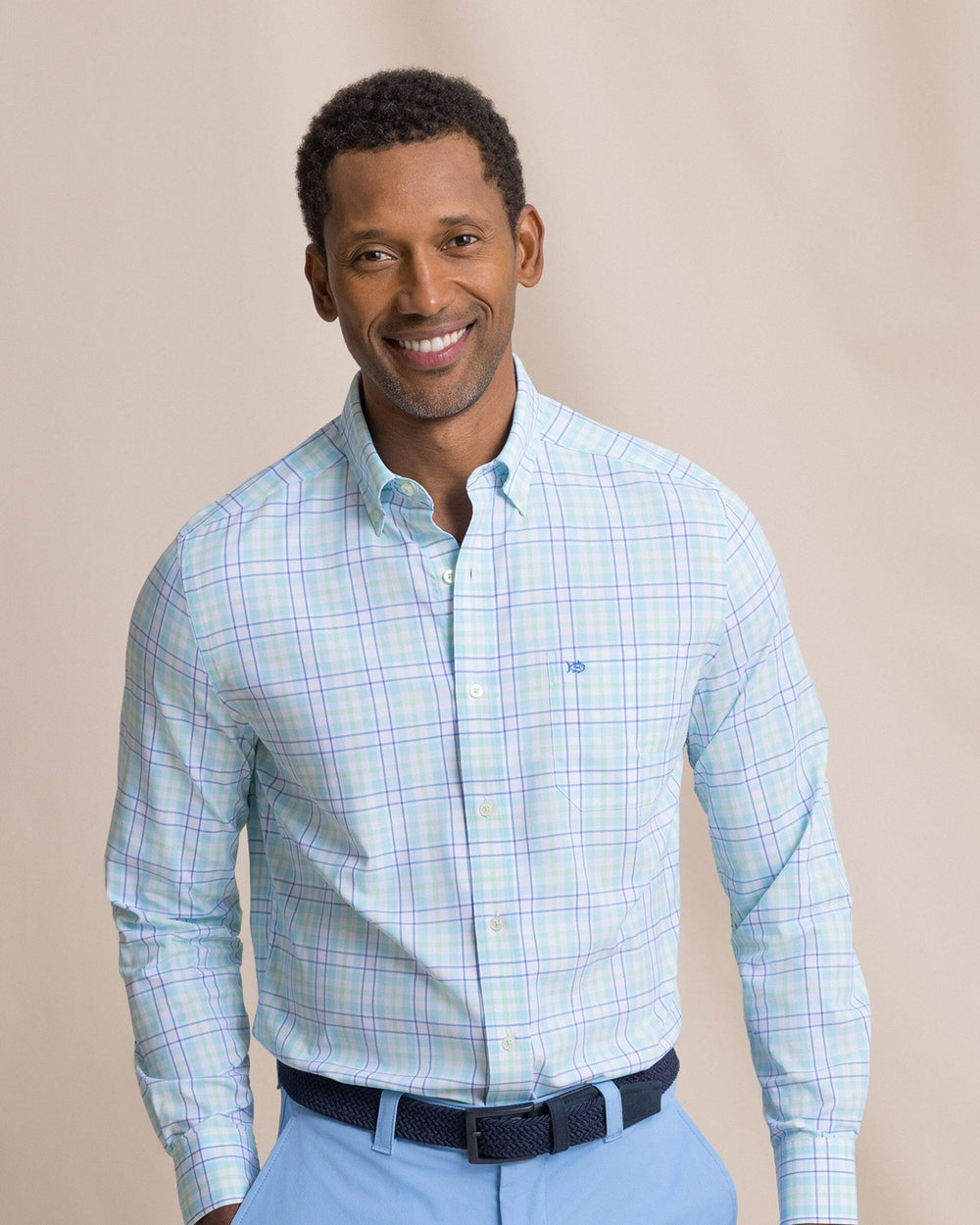 The front view of the Southern Tide Master Plaid Coastal Breeze® Sport Shirt by Southern Tide - Tropical Breeze Blue