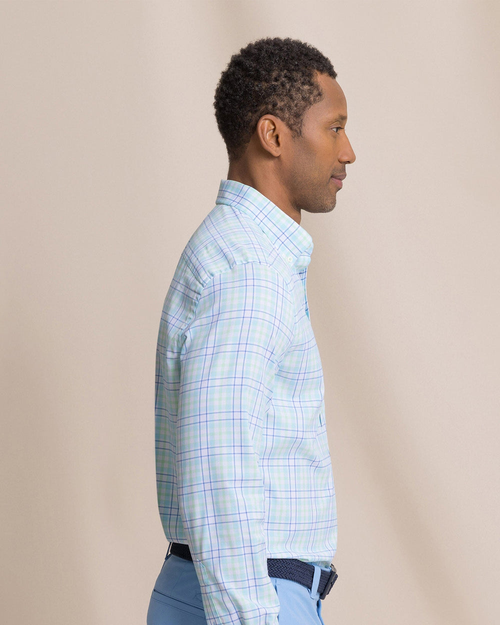 The side view of the Southern Tide Master Plaid Coastal Breeze® Sport Shirt by Southern Tide - Tropical Breeze Blue
