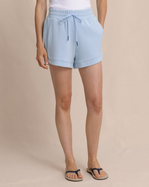 The front view of the Southern Tide Maxine Luxe Lounge Short by Southern Tide - Cerulean