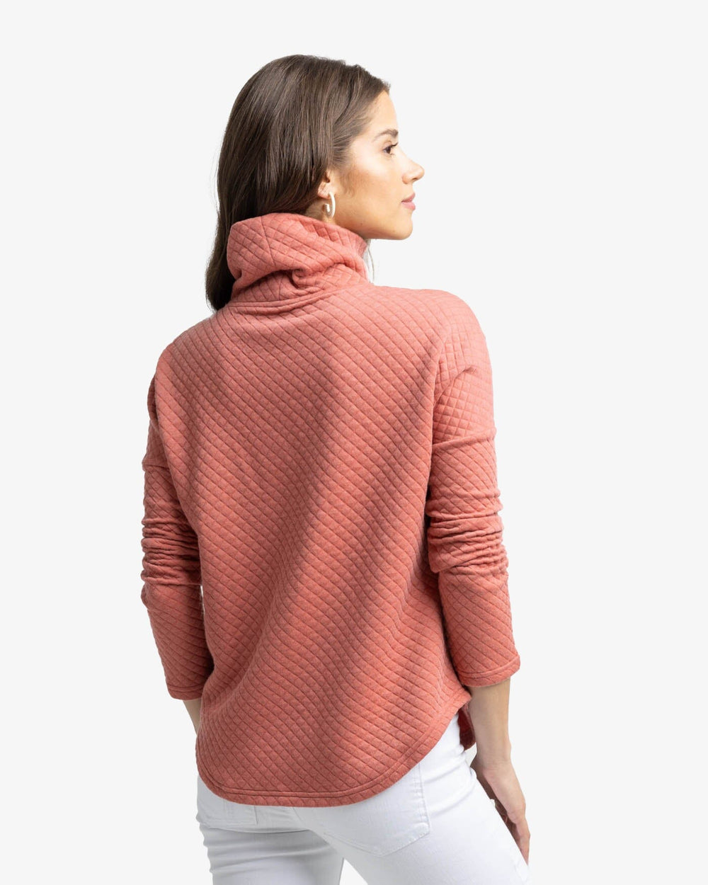 The back view of the Southern Tide Mellie MockNeck Sweatshirt by Southern Tide - Dusty Coral