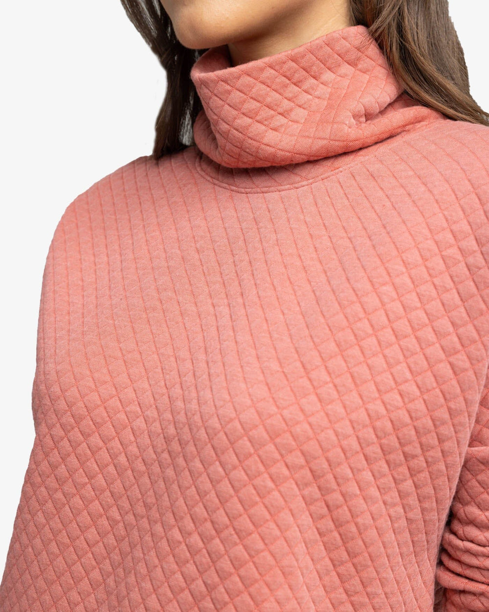 The detail view of the Southern Tide Mellie MockNeck Sweatshirt by Southern Tide - Dusty Coral