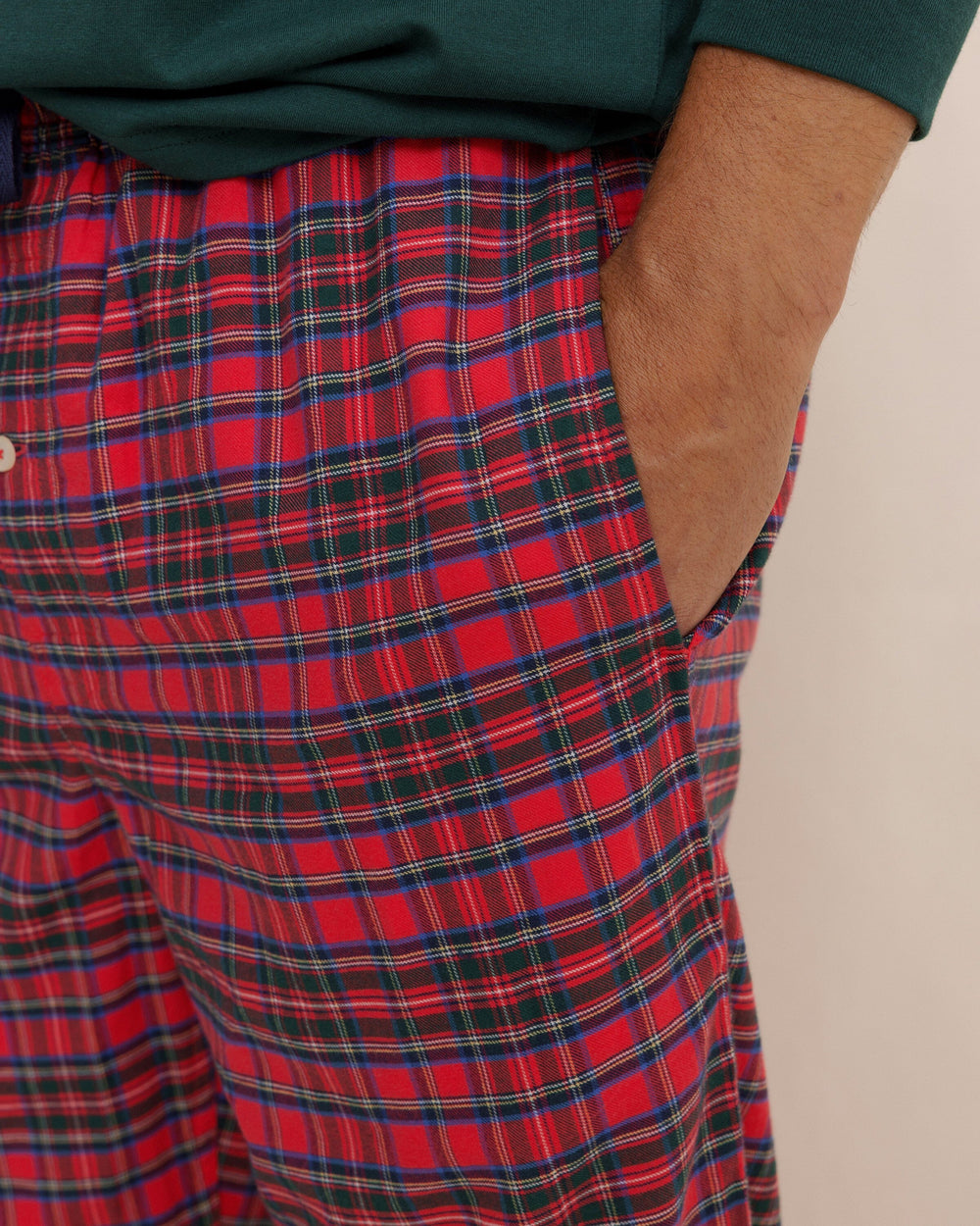 The detail view of the Southern Tide Men's South Carolina Tartan Lounge Pant by Southern Tide - Crab Red