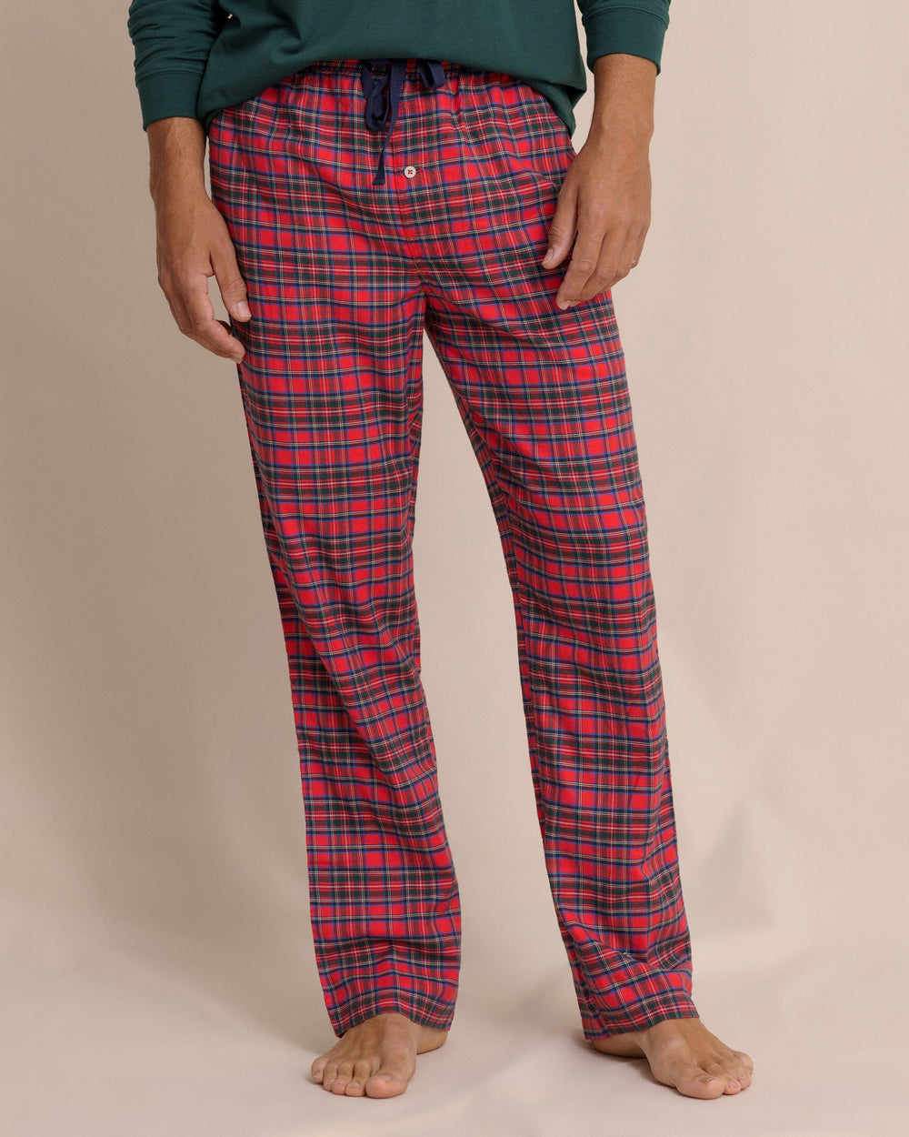 The front view of the Southern Tide Men's South Carolina Tartan Lounge Pant by Southern Tide - Crab Red