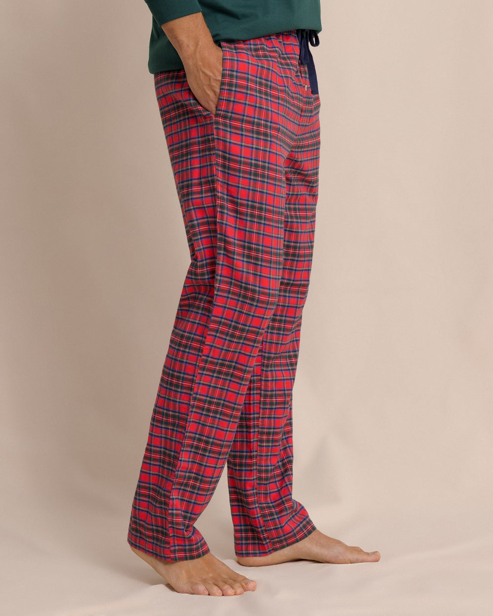 The side view of the Southern Tide Men's South Carolina Tartan Lounge Pant by Southern Tide - Crab Red