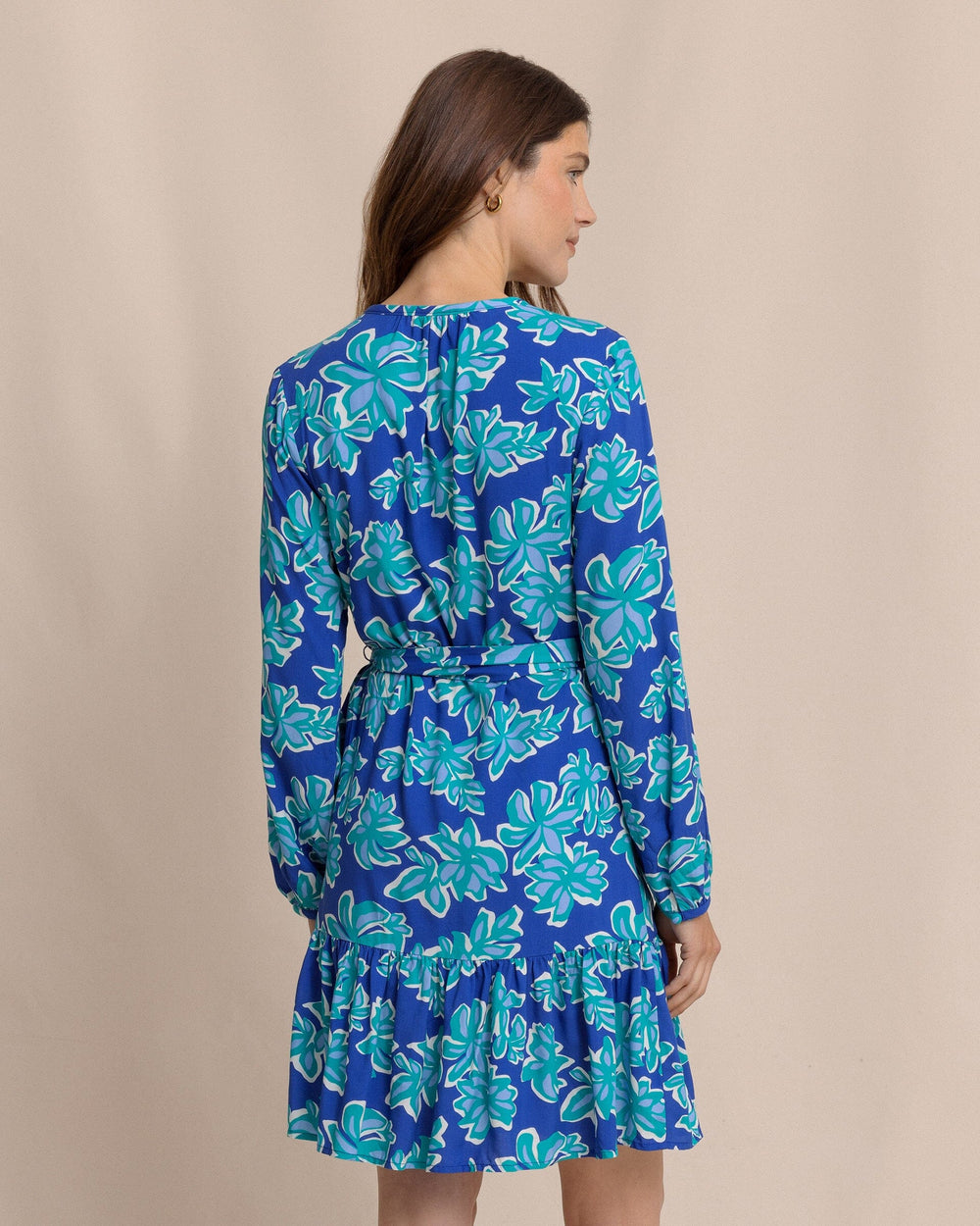 The back view of the Southern Tide Merritt Forever Blooming Long Sleeve Dress by Southern Tide - Surf Blue