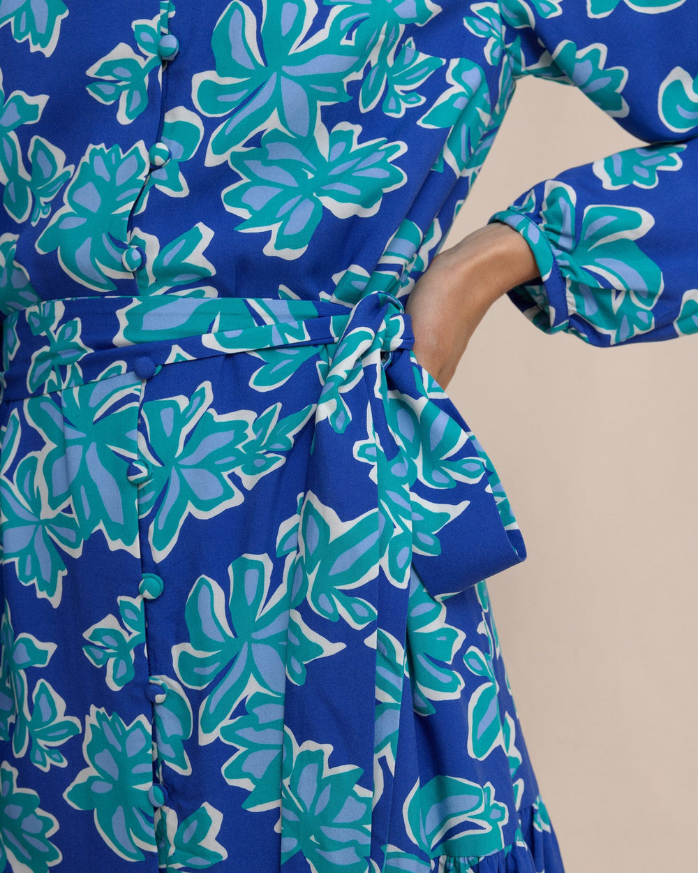 The detail view of the Southern Tide Merritt Forever Blooming Long Sleeve Dress by Southern Tide - Surf Blue