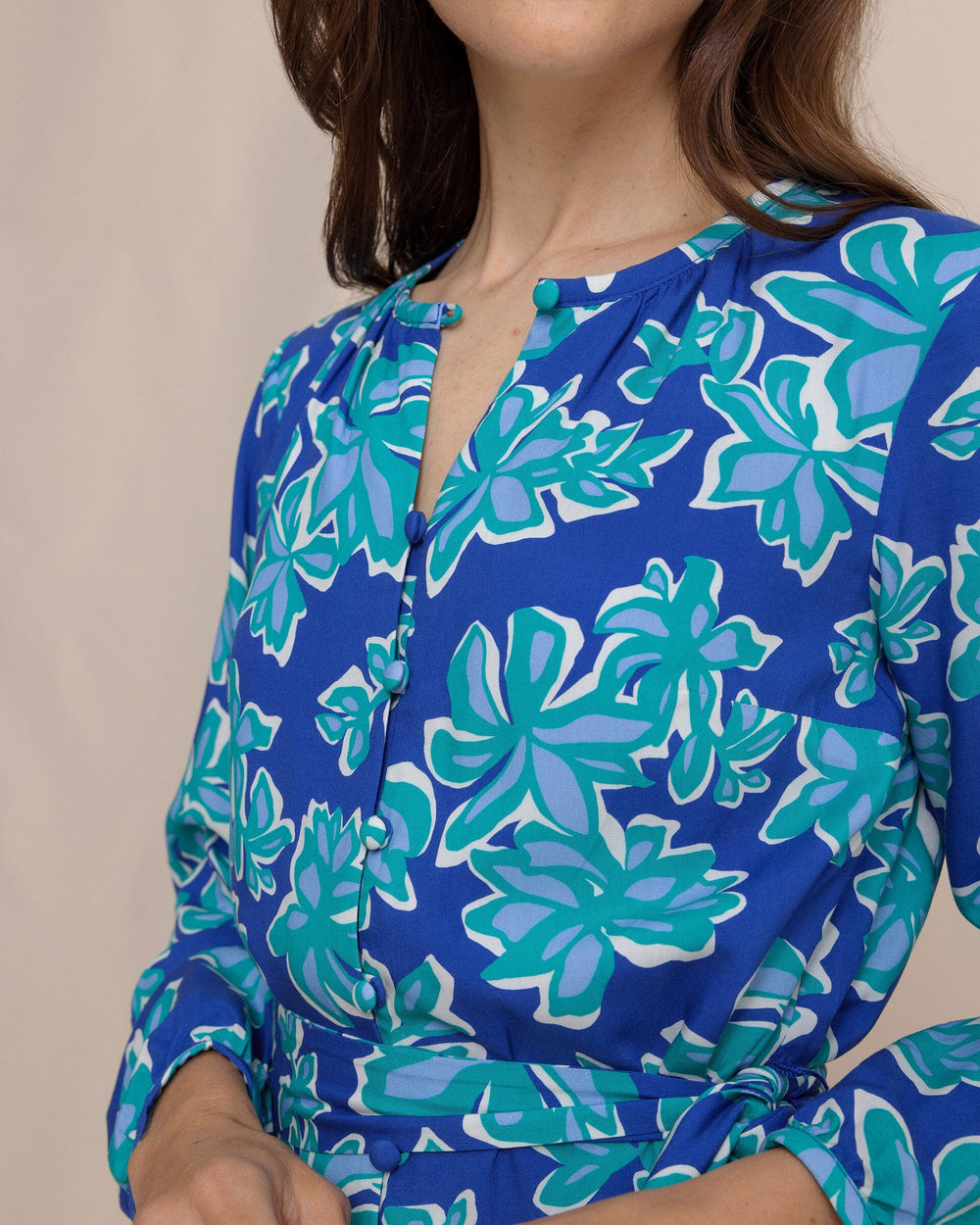 The detail view of the Southern Tide Merritt Forever Blooming Long Sleeve Dress by Southern Tide - Surf Blue