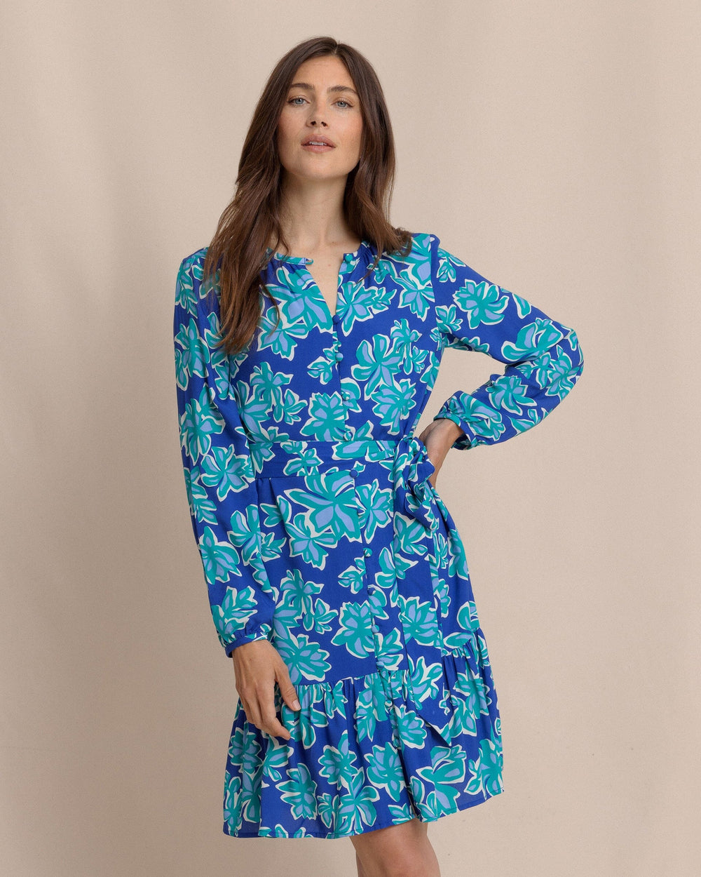 The front view of the Southern Tide Merritt Forever Blooming Long Sleeve Dress by Southern Tide - Surf Blue