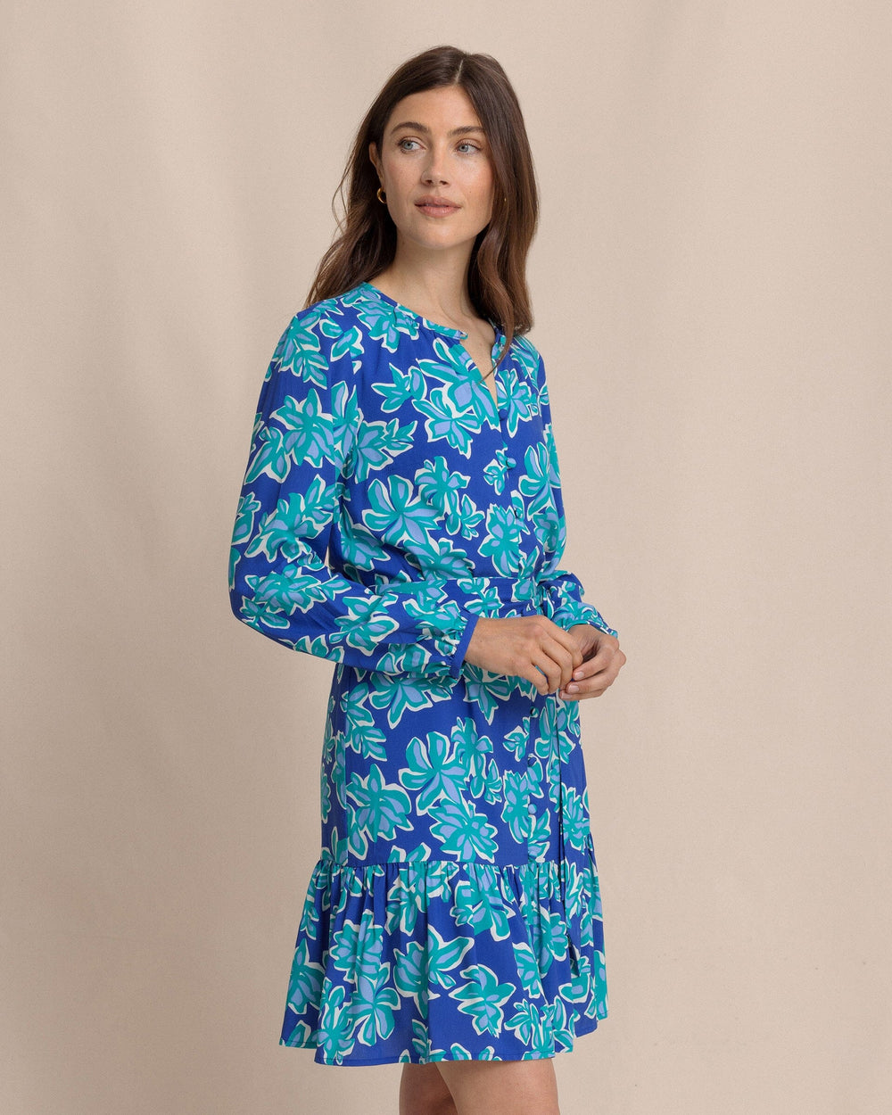 The side view of the Southern Tide Merritt Forever Blooming Long Sleeve Dress by Southern Tide - Surf Blue