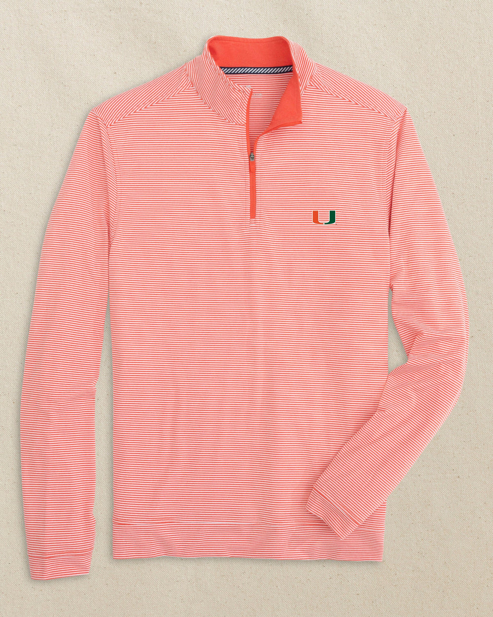 The front view of the Southern Tide Miami Hurricanes Cruiser Micro-Stripe Quarter Zip by Southern Tide - Heather Endzone Orange