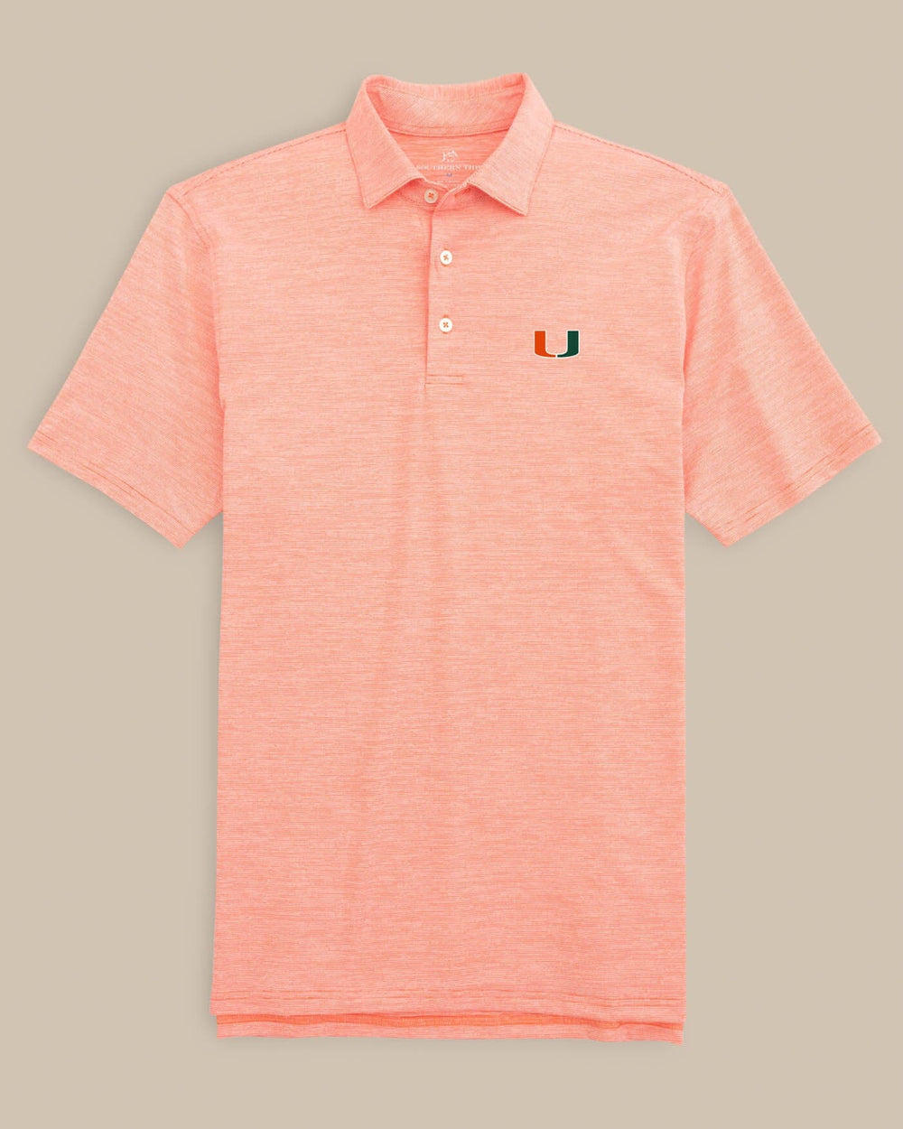 The front of the Men's Miami Hurricanes Driver Spacedye Polo Shirt by Southern Tide - Endzone Orange