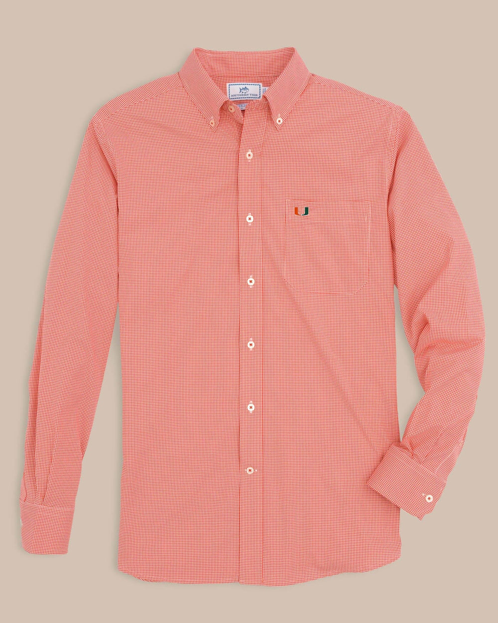 The front view of the Men's Orange Miami Hurricanes Gingham Button Down Shirt by Southern Tide - Endzone Orange