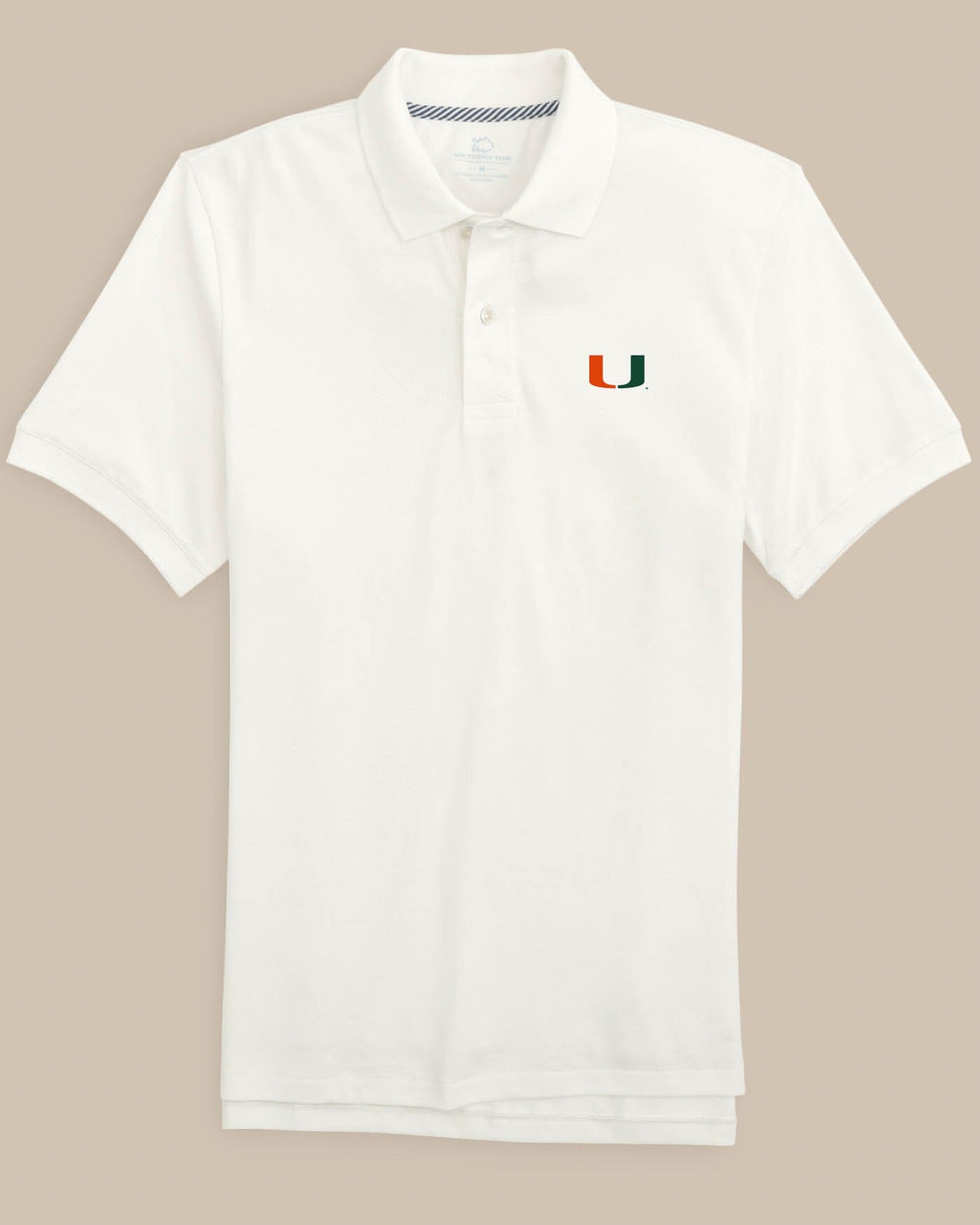 The front view of the Miami Hurricanes New Short Sleeve Skipjack Polo by Southern - Classic White