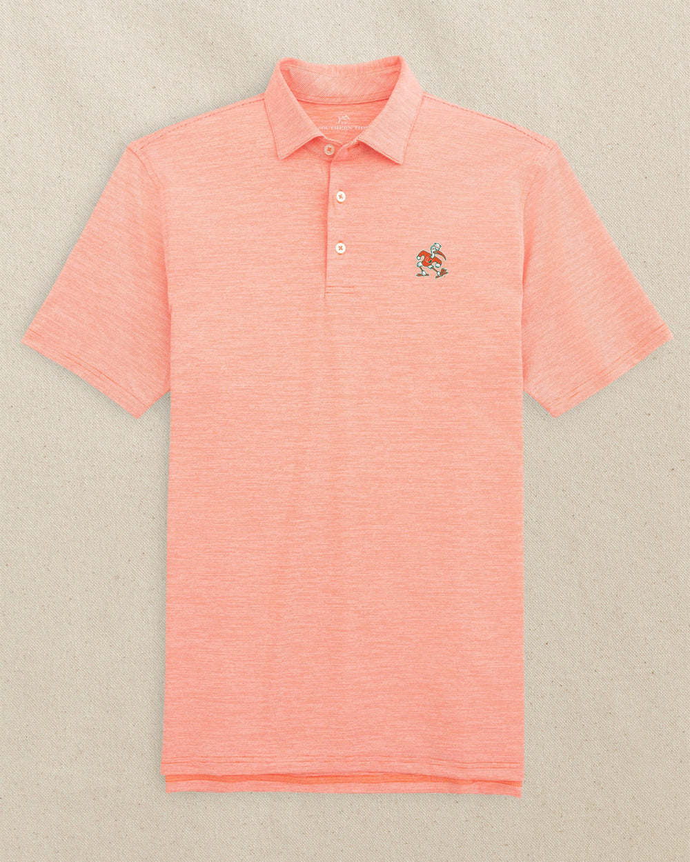 The front view of the Southern Tide Miami Sebastian the Ibis Driver Spacedye Polo by Southern Tide - Endzone Orange
