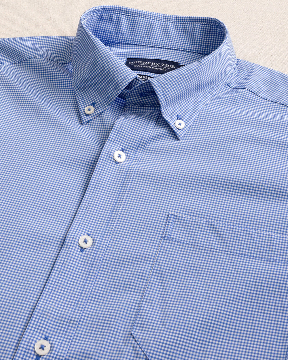 The detail view of the Southern Tide Micro Gingham brrr°® Intercoastal Sport Shirt by Southern Tide - Cobalt Blue