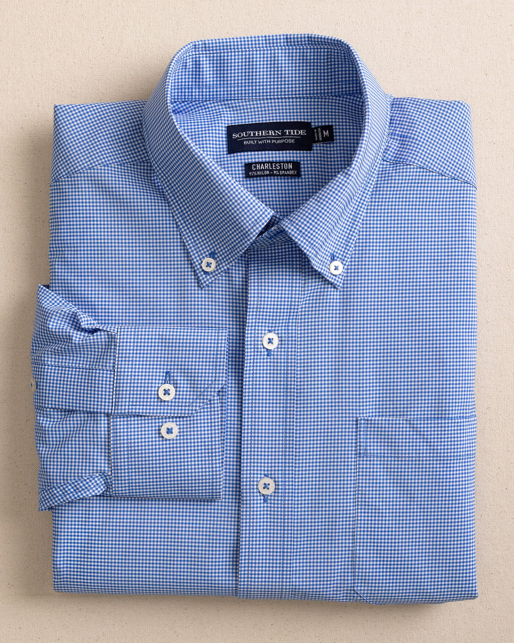 The front view of the Southern Tide Micro Gingham brrr°® Intercoastal Sport Shirt by Southern Tide - Cobalt Blue