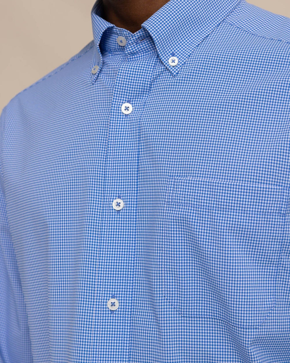 The front view of the Men's Micro Gingham Brrr Intercoastal Sport Shirt by Southern Tide - Cobalt Blue