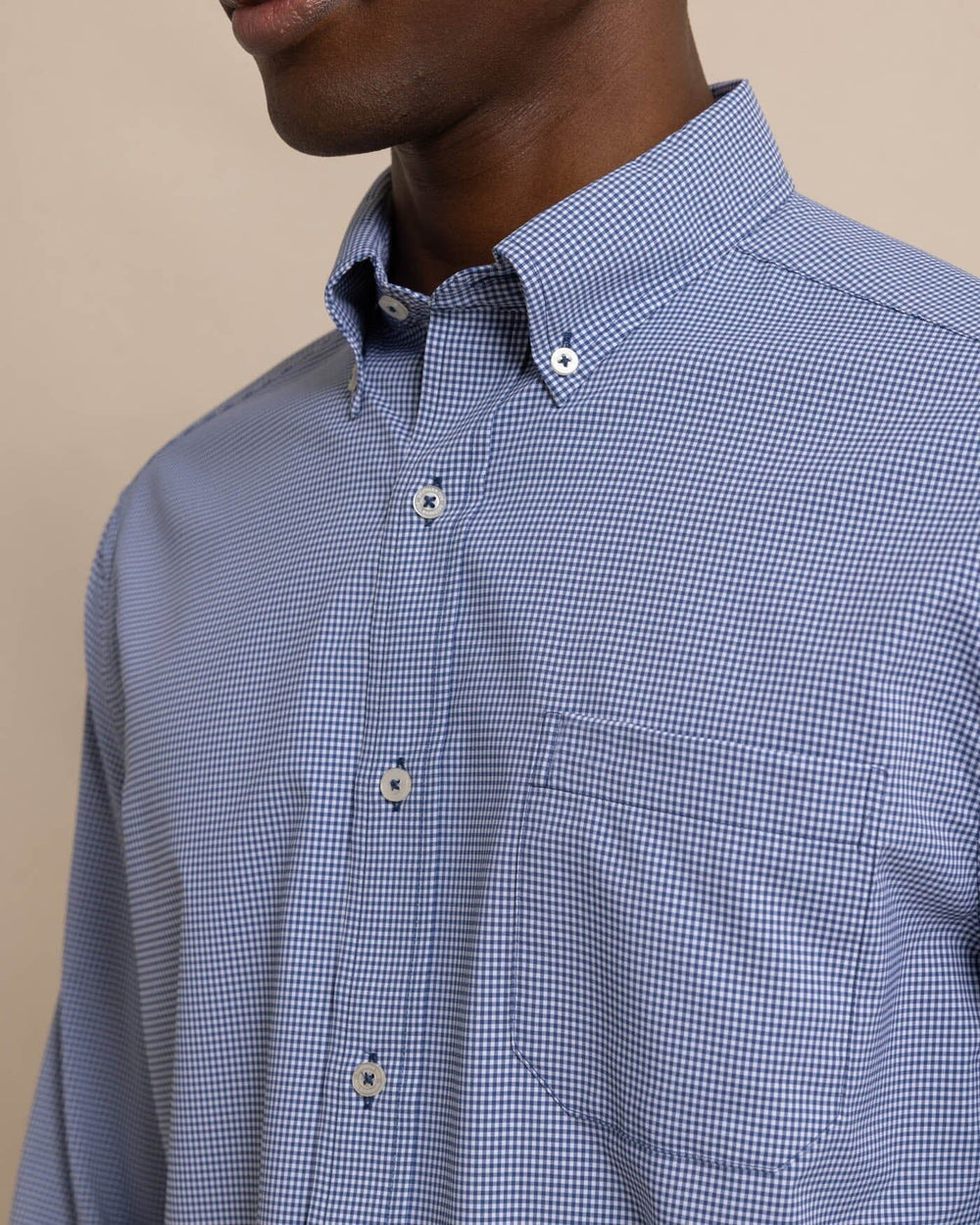 The front view of the Men's Micro Gingham Brrr Intercoastal Sport Shirt by Southern Tide - Seven Seas Blue