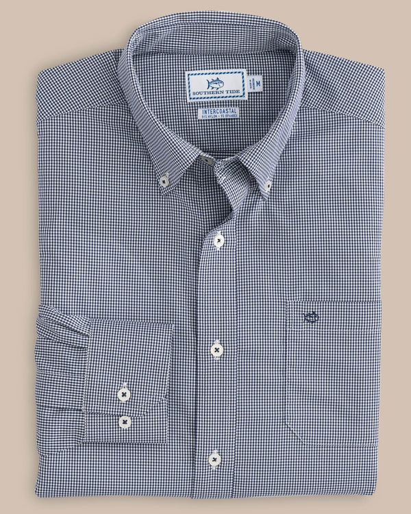 The front view of the Men's Navy Micro Gingham Intercoastal Performance Sport Shirt by Southern Tide - True Navy