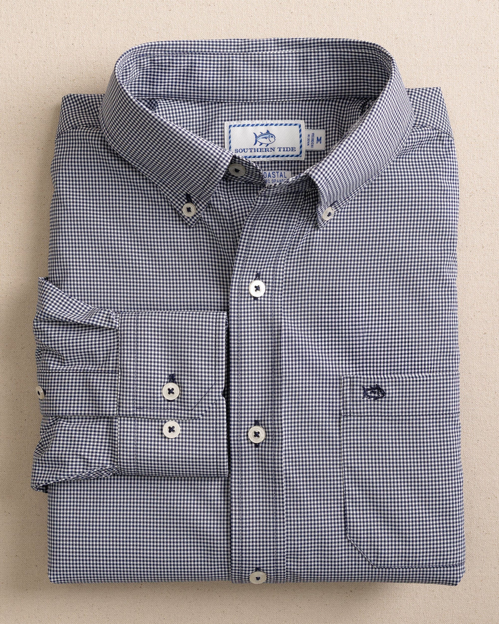 The front view of the Southern Tide Micro Gingham Intercoastal Performance Sport Shirt by Southern Tide - True Navy