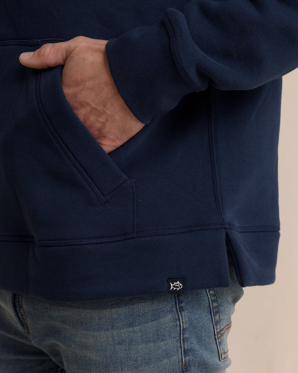 The detail view of the Southern Tide Millview Fleece Hoodie by Southern Tide - Dress Blue