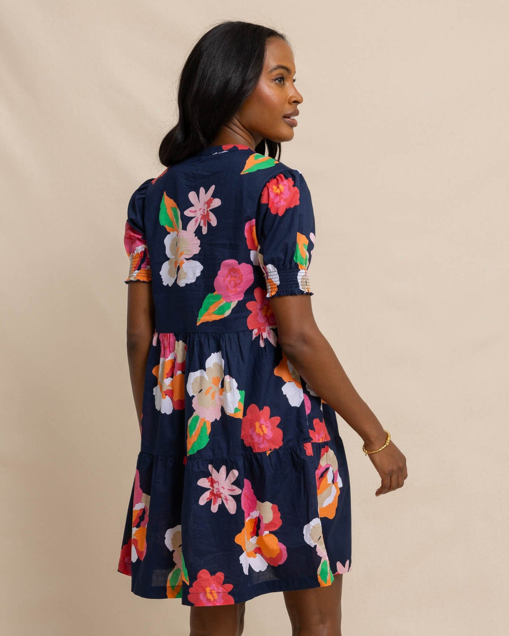 The back view of the Southern Tide Mina Garden Splendor Tiered Dress by Southern Tide - Dress Blue