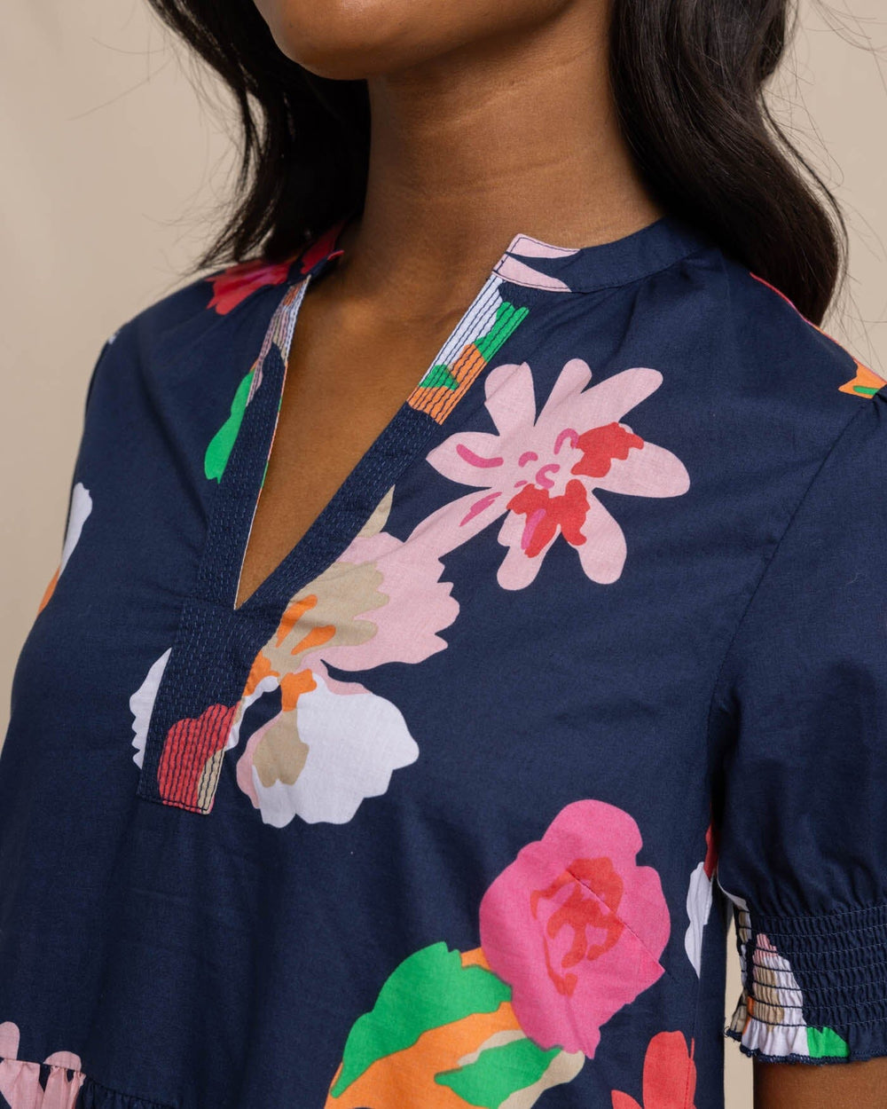 The detail view of the Southern Tide Mina Garden Splendor Tiered Dress by Southern Tide - Dress Blue