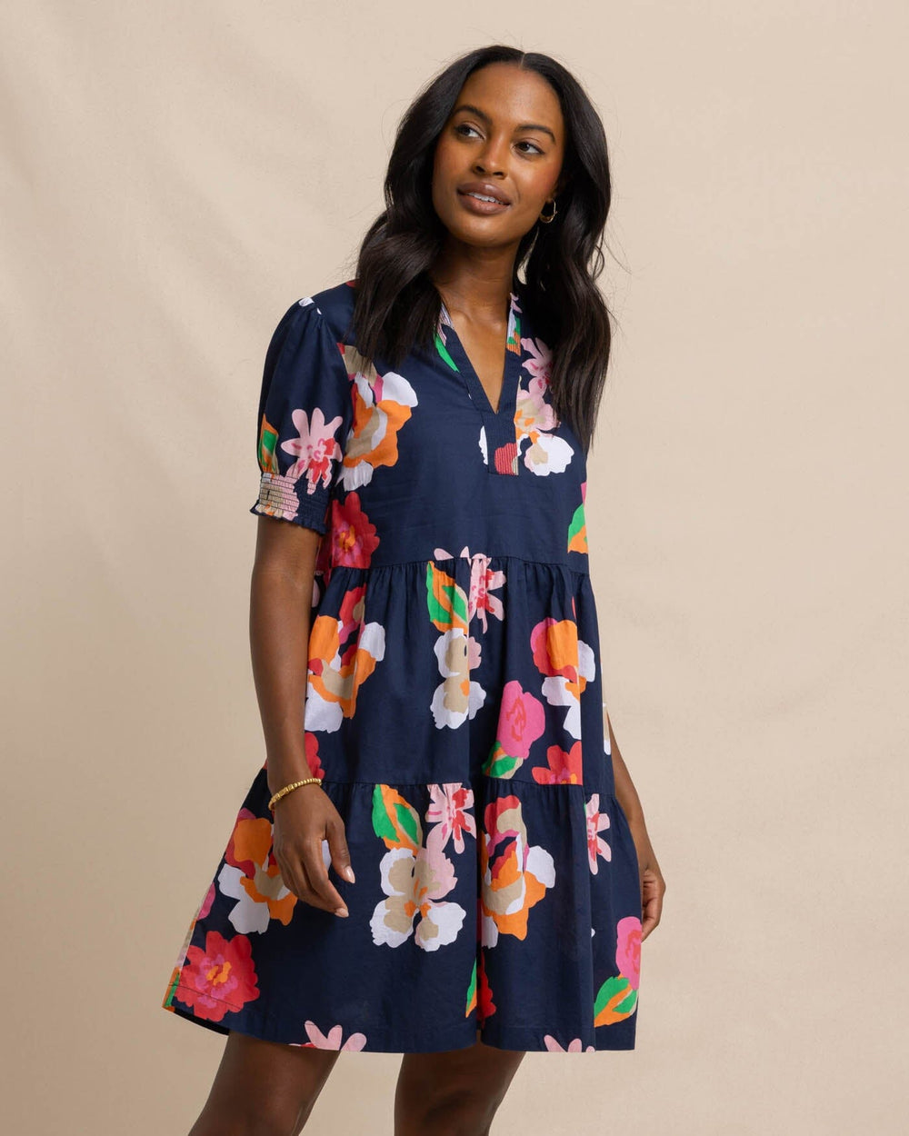 The front view of the Southern Tide Mina Garden Splendor Tiered Dress by Southern Tide - Dress Blue