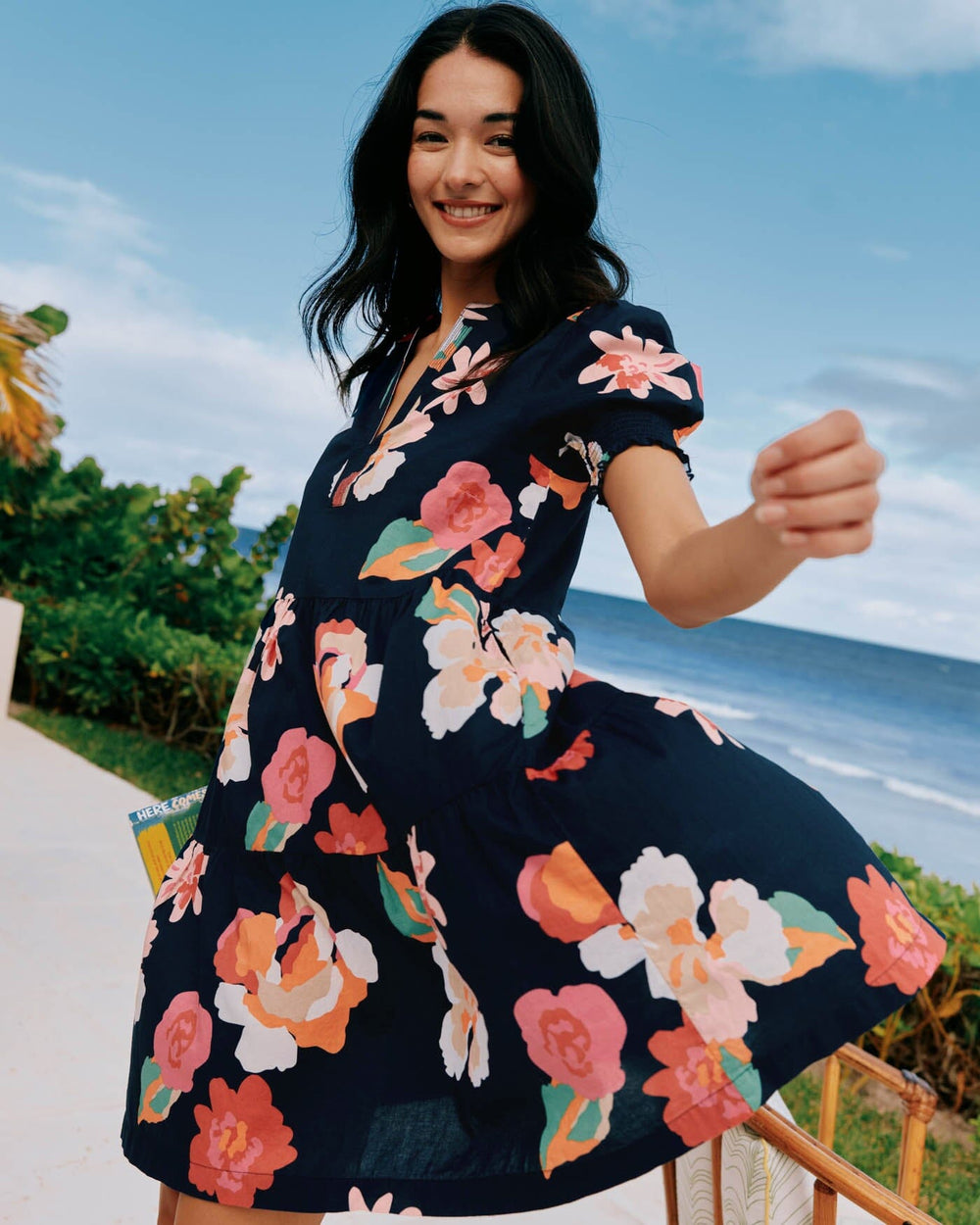 The front view of the Southern Tide Mina Garden Splendor Tiered Dress by Southern Tide - Dress Blue