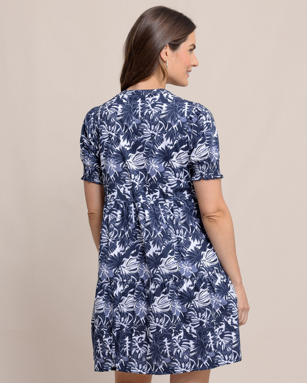 The back view of the Southern Tide Mina Grand Palms Printed Dress by Southern Tide - Dress Blue