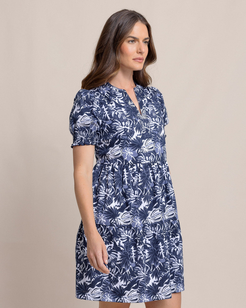 The side view of the Southern Tide Mina Grand Palms Printed Dress by Southern Tide - Dress Blue