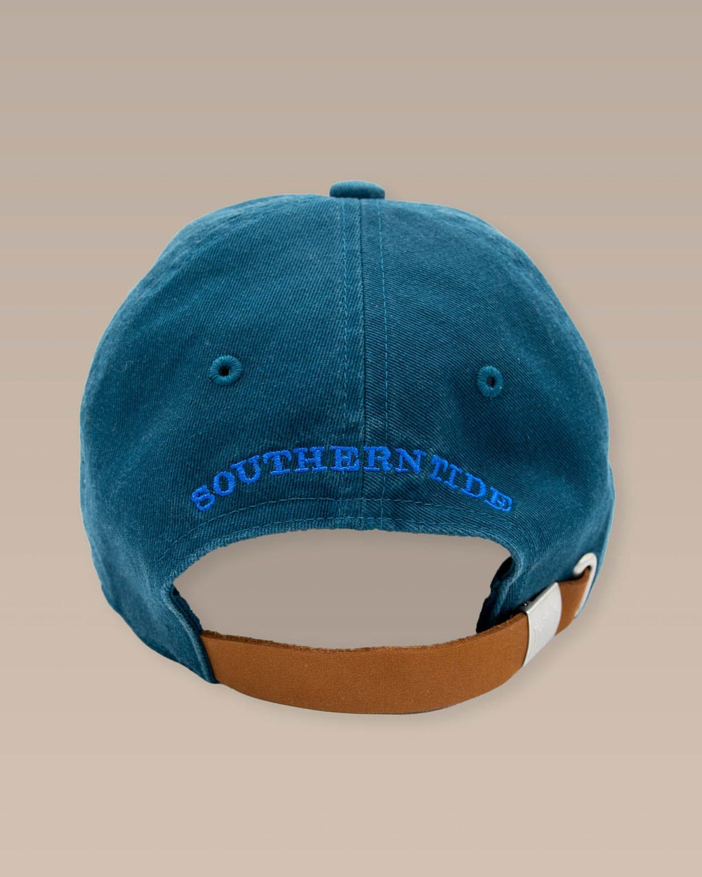 The detail view of the Southern Tide Mini Skipjack Leather Strap Hat by Southern Tide - Teal Haze