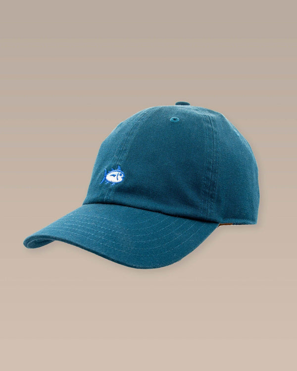 The front view of the Southern Tide Mini Skipjack Leather Strap Hat by Southern Tide - Teal Haze