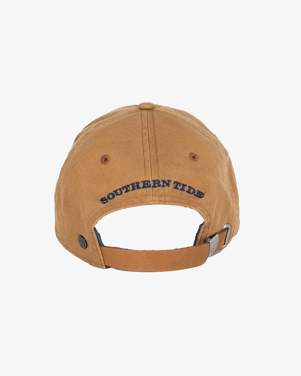 The back view of the Southern Tide Mini Skipjack Leather Strap Hat by Southern Tide - Camel