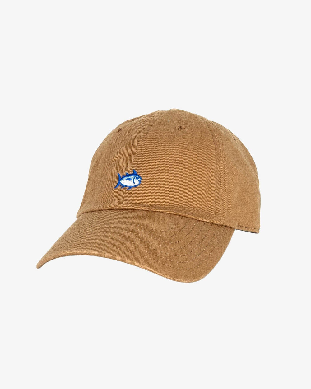 The front view of the Southern Tide Mini Skipjack Leather Strap Hat by Southern Tide - Camel