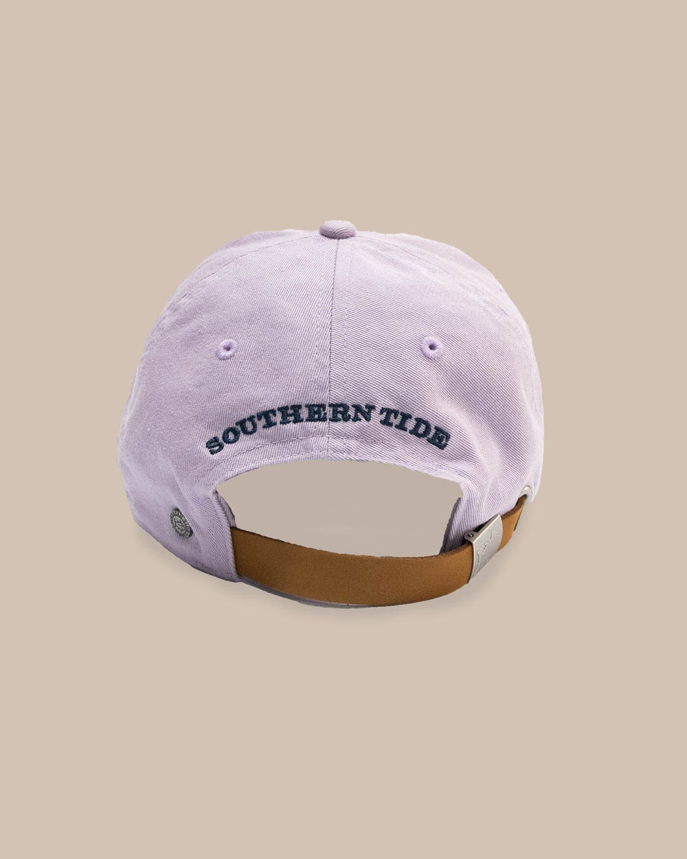 The detail view of the Southern Tide Mini Skipjack Leather Strap Hat by Southern Tide - Orchid Petal