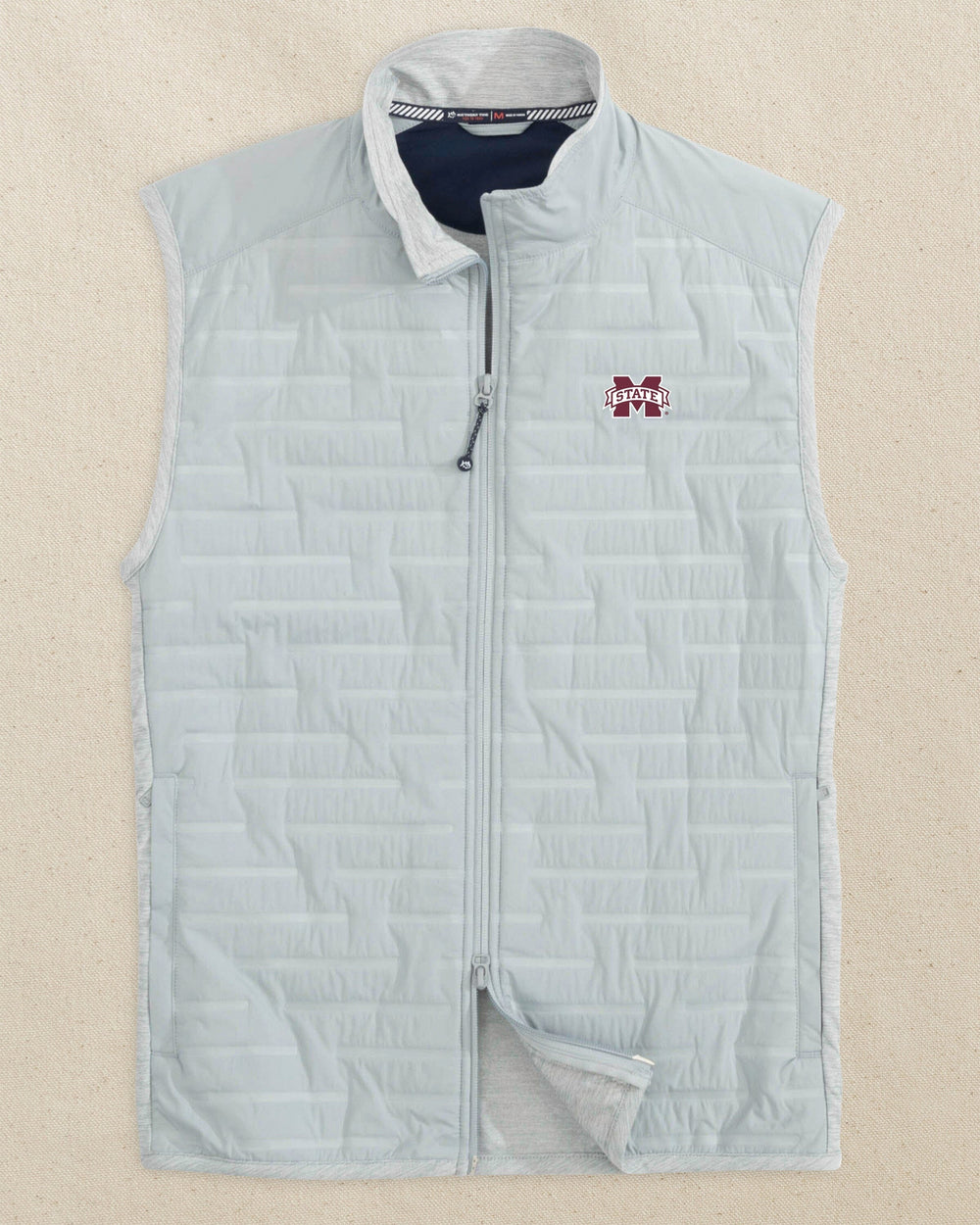 The front view of the Southern Tide Mississippi State Bulldogs Abercorn Vest by Southern Tide - Gravel Grey