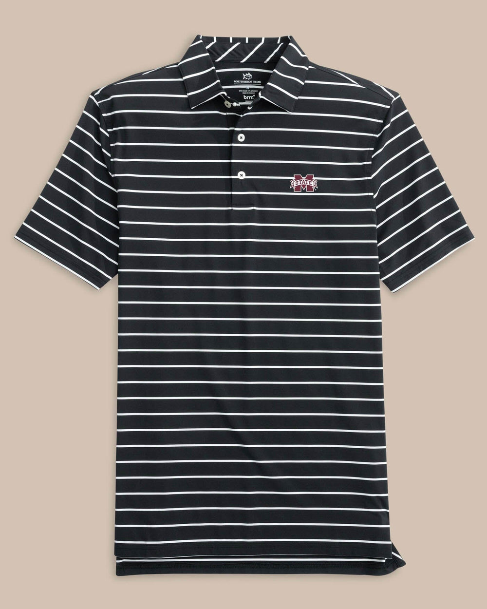 The front view of the Mississippi State Bulldogs brrr°®-eeze Desmond Stripe Polo by Southern Tide - Black