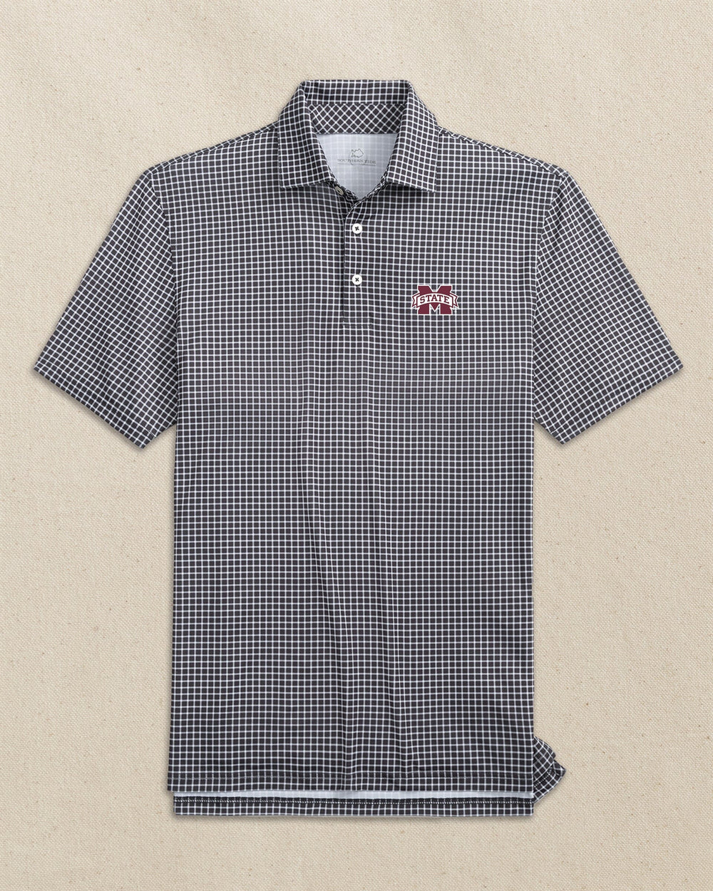 The front view of the Southern Tide Mississippi State Bulldogs Driver Dunes Edge Plaid Polo by Southern Tide - Black