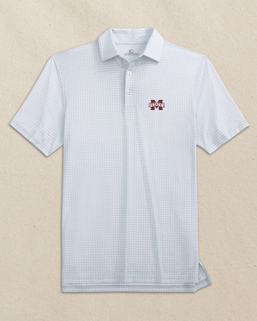 The front view of the Southern Tide Mississippi State Bulldogs Driver Dunes Edge Plaid Polo by Southern Tide - Slate Grey