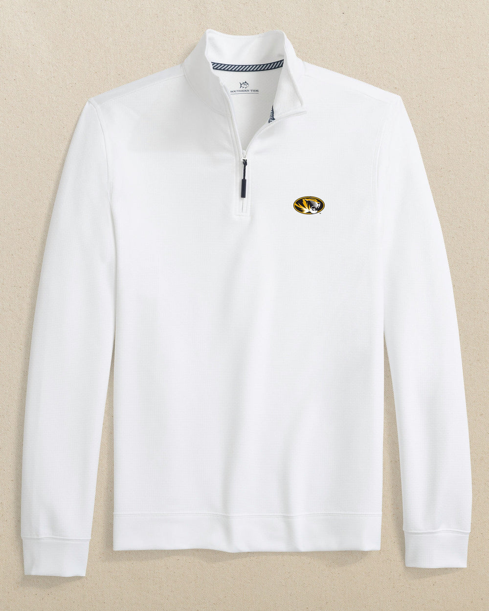 The front view of the Southern Tide Missouri Tigers Schooner Quarter Zip by Southern Tide - Classic White