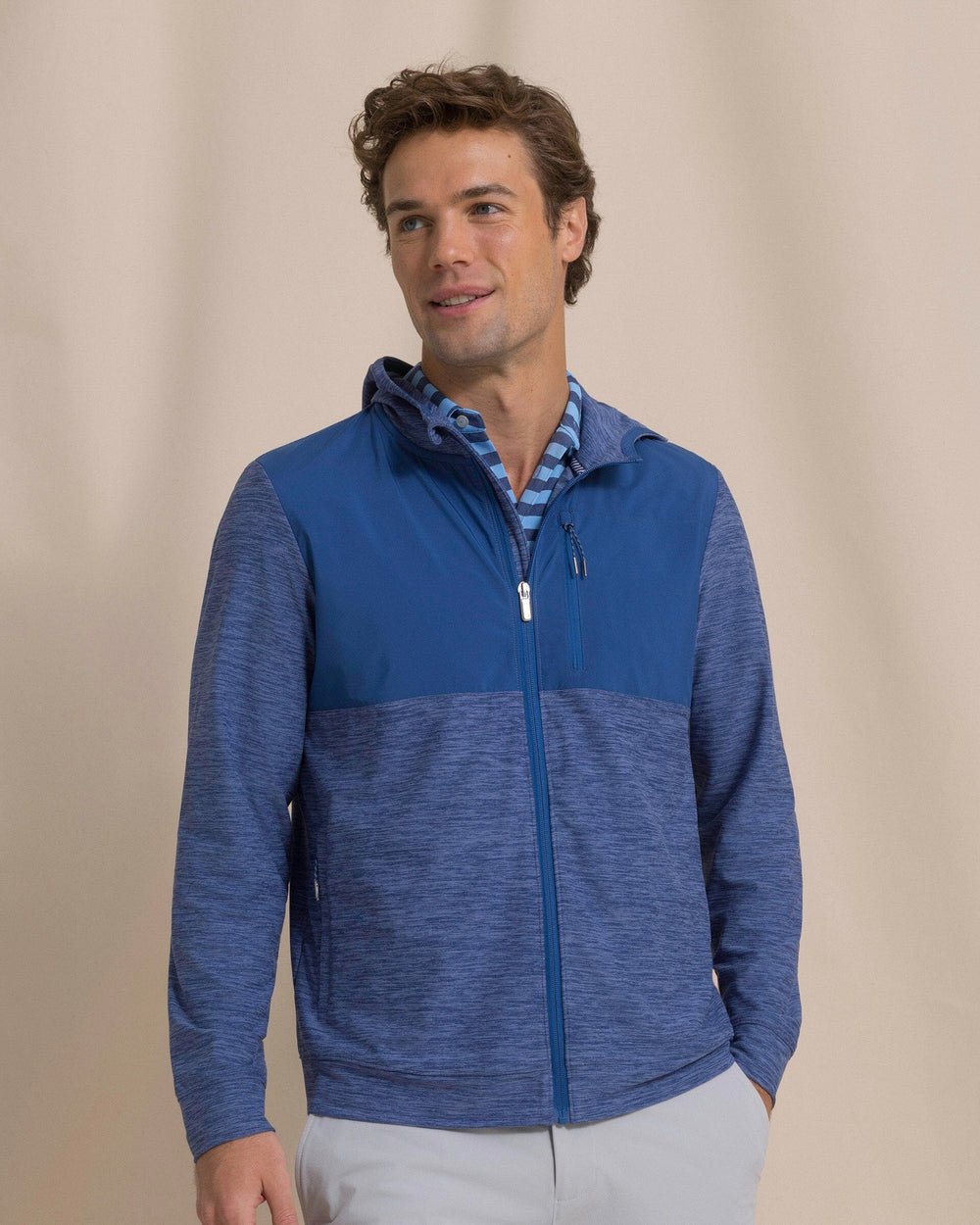 The front view of the Southern Tide Mixed Media Full Zip Jacket by Southern Tide - Heather Nautical Blue