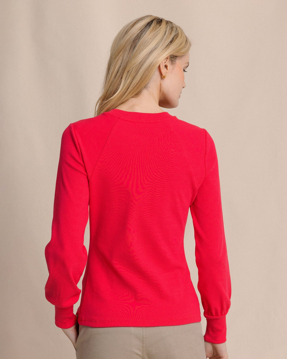 The back view of the Southern Tide Molley Long Sleeve Rib Top by Southern Tide - Grenadine Red