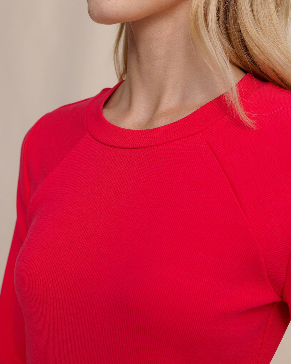 The detail view of the Southern Tide Molley Long Sleeve Rib Top by Southern Tide - Grenadine Red