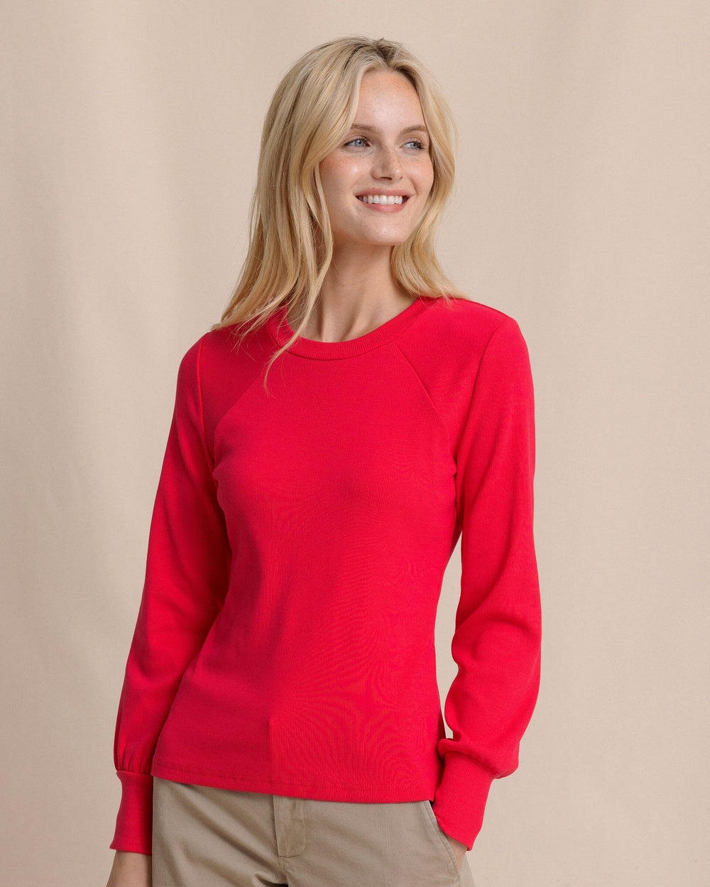 The front view of the Southern Tide Molley Long Sleeve Rib Top by Southern Tide - Grenadine Red