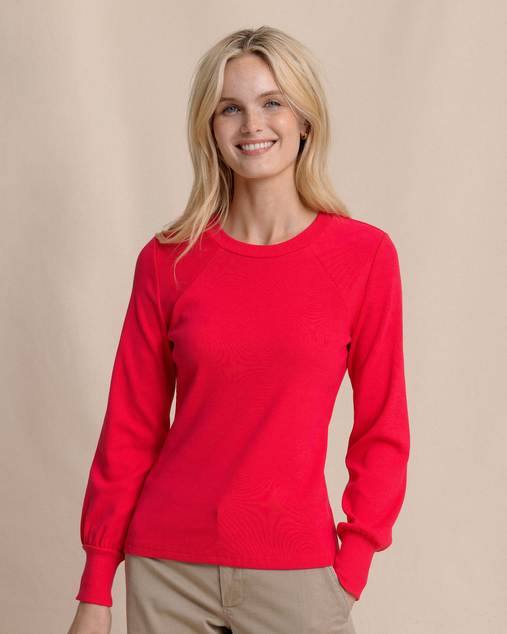 The front view of the Southern Tide Molley Long Sleeve Rib Top by Southern Tide - Grenadine Red
